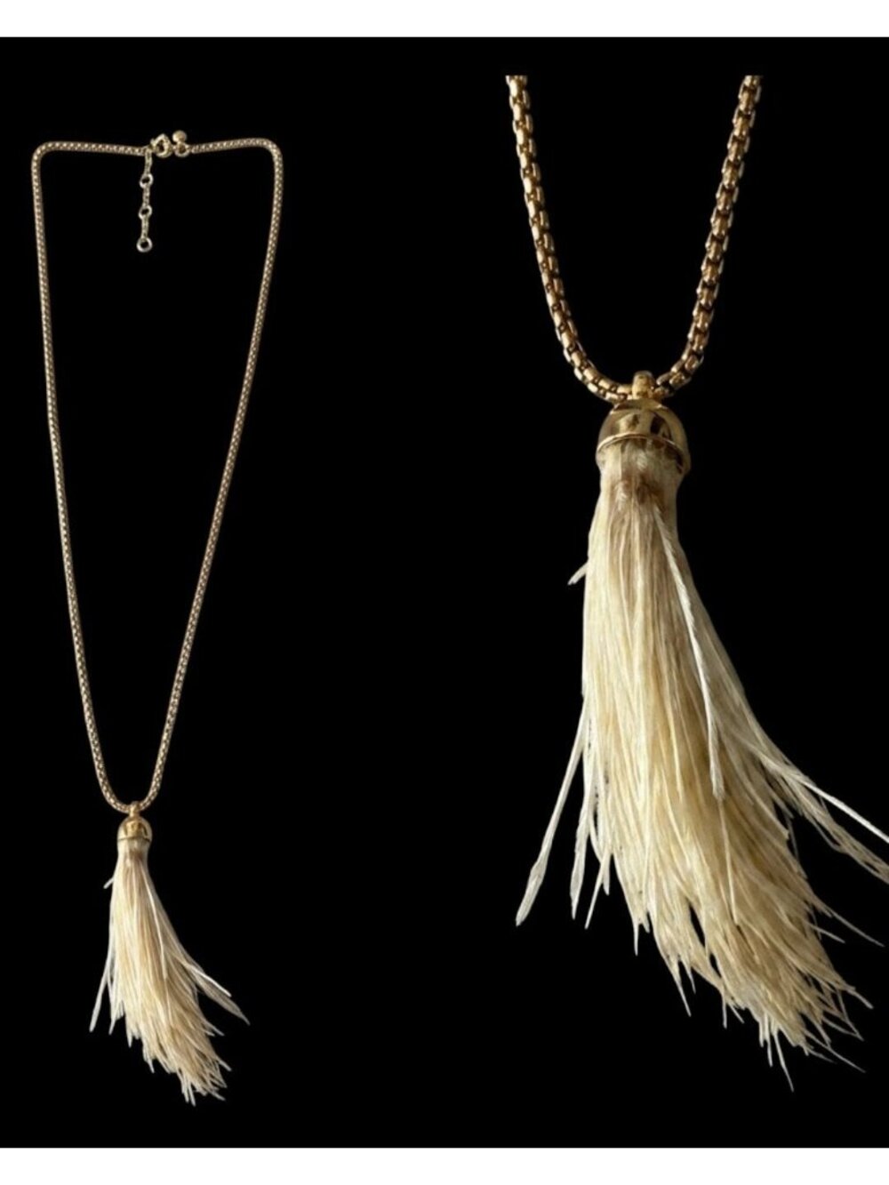J Crew Gold-Tone Necklace Cream Feather Tassel Pendant Adjustable Lobster Clasp